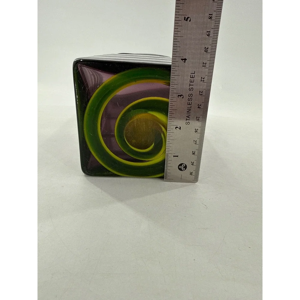 Unsigned Art Glass Vase Unisex OS Purple Green Spiral Ribbed Rectangular Tall